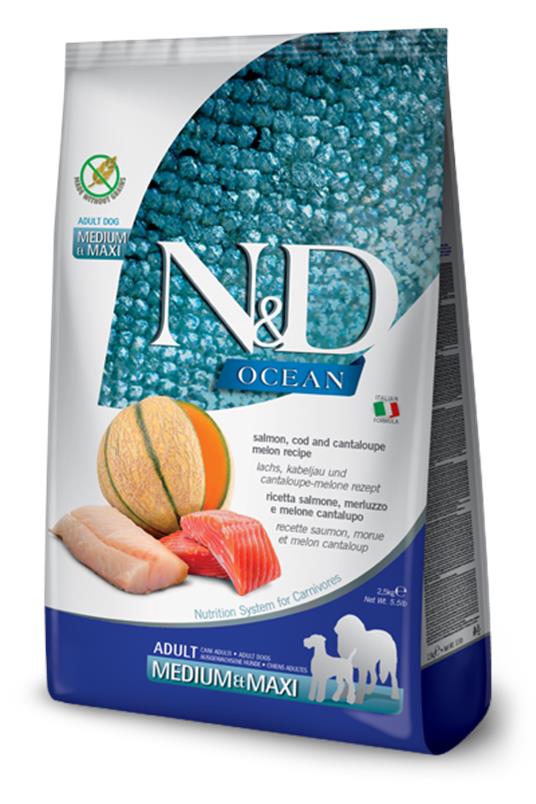 N&D Ocean Fish Dog GF Salmon,Cod&Cantaloupe Melon MD&MX 12kg