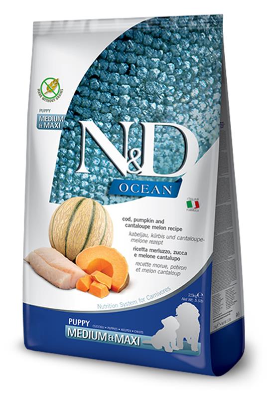 N&D Ocean Fish Dog GF PM Cod &Cantaloupe Melon Puppy MD&MX 2,5kg